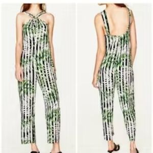 Zara Trafaluc Romper Jumper capri length halter top sleeveless palm leaf print